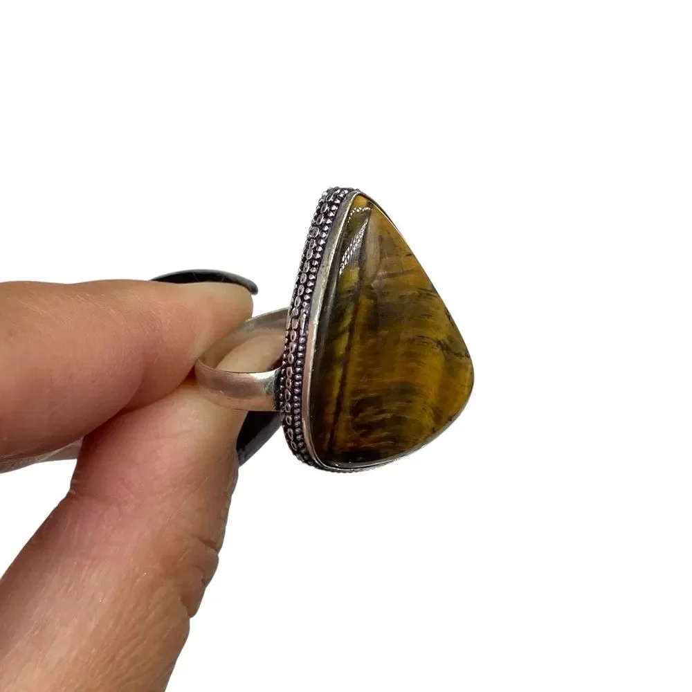 Tiger’s Eye Ring Size 11.5 925 Sterling Silver Overlay Brown Stone